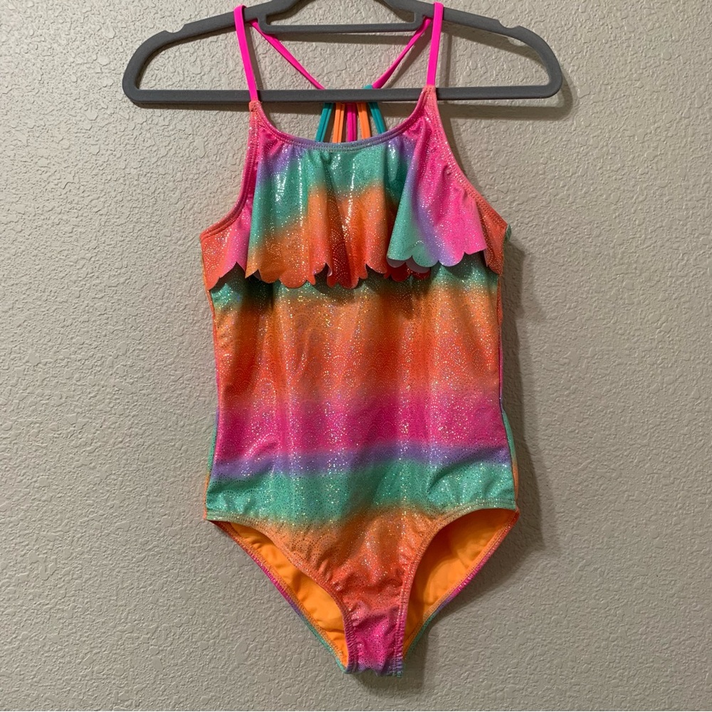 Limited Too One Piece Swimsuit Neon Rainbow Sparkle Large 14-16 NWOT